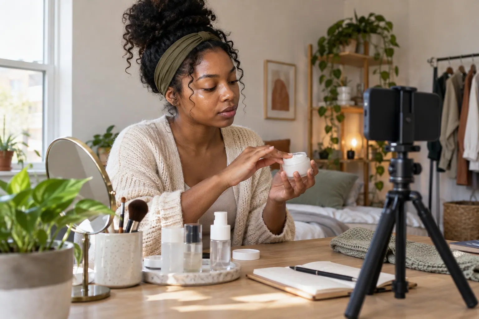 A beauty UGC creator films a short skincare demonstration with a plain product jar and a phone turned away on a tripod.