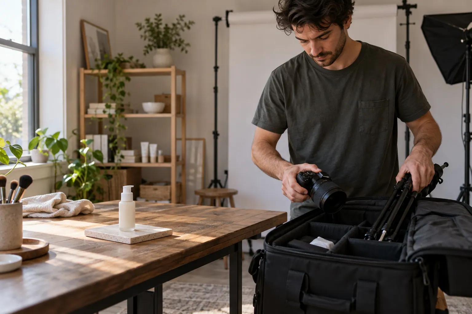 A freelance beauty-video creator packs a camera and light stand after finishing a skincare shoot.
