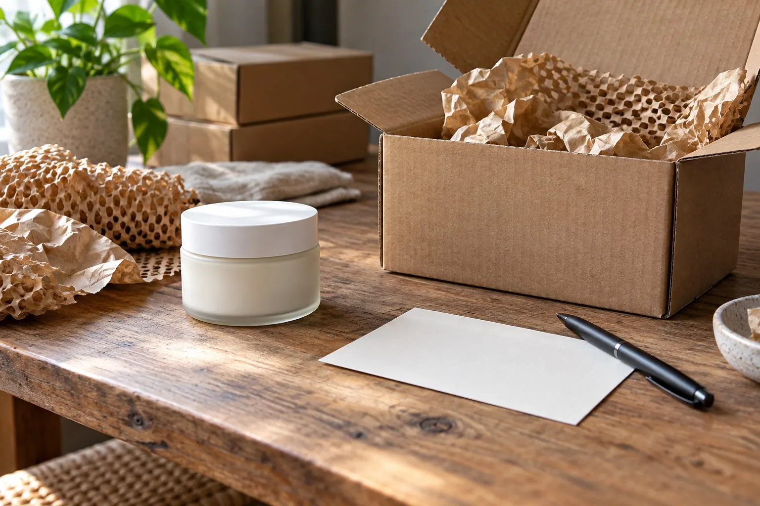 A plain skincare jar sits beside an opened parcel and packing material on a small brand owner's worktable.