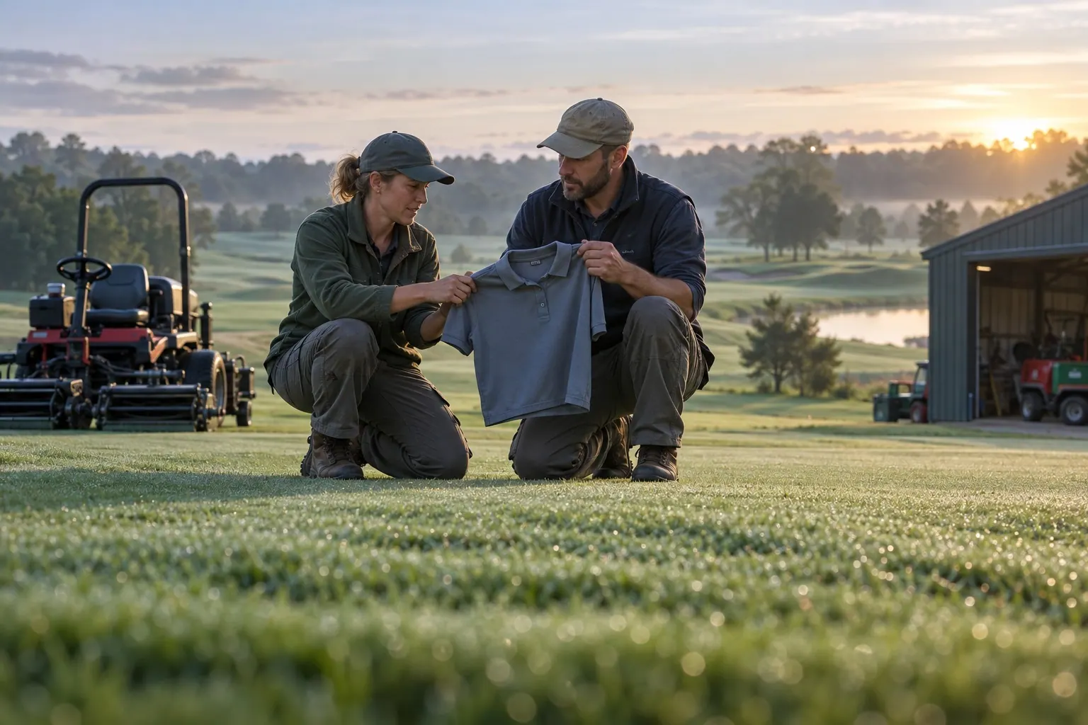 Golf-course grounds staff compare a plain polo sample beside their early-morning work area.
