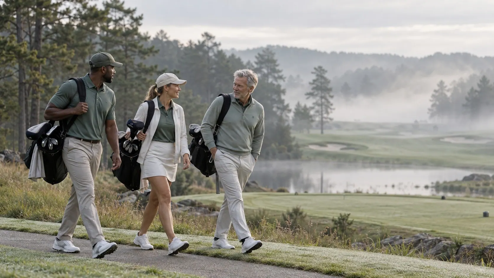 Three golfers in understated polos and layers walk toward the first tee in conversation.