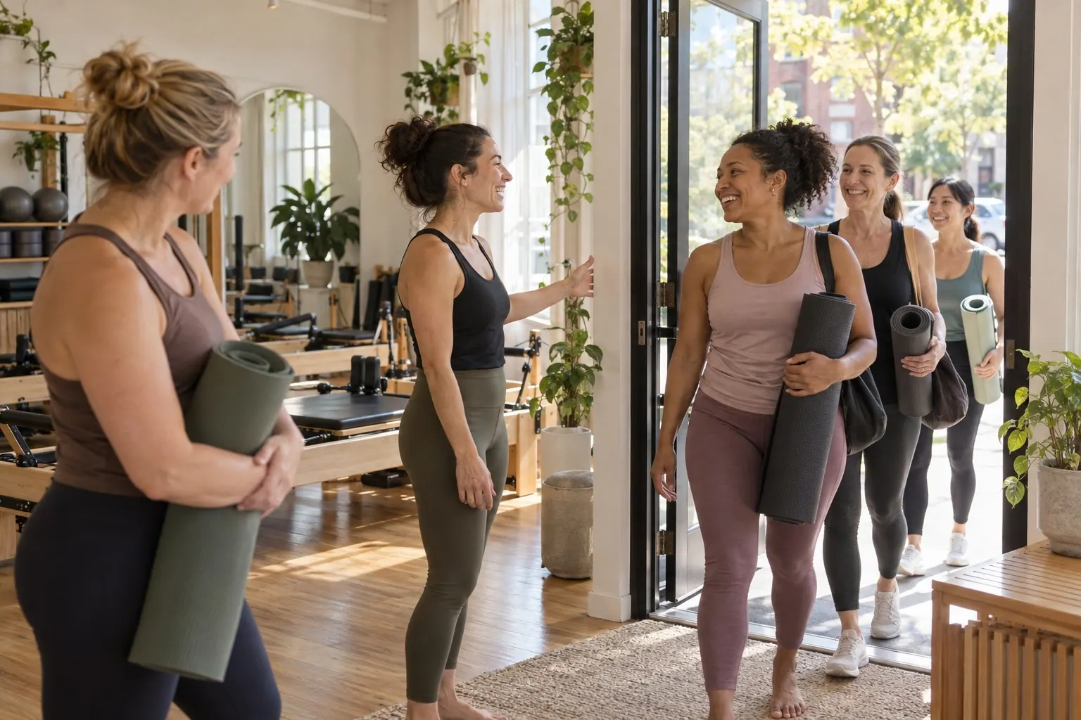 Members carrying yoga mats arrive for a class as the instructor welcomes them at a neighborhood movement studio.
