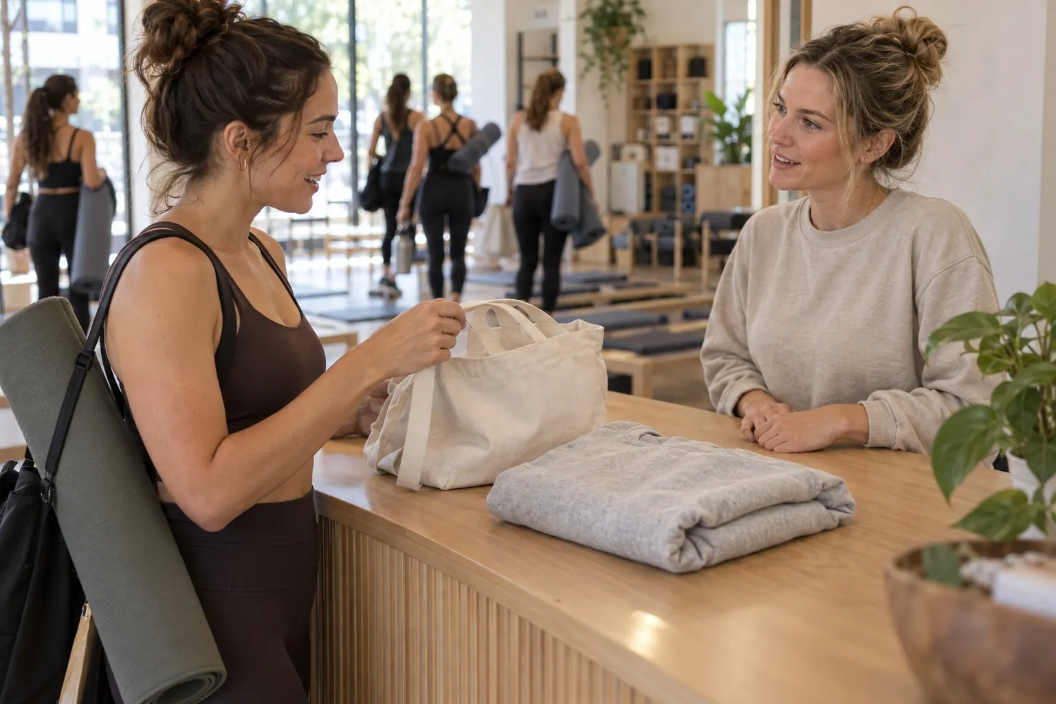 A studio member and staff member look over a plain tote and folded sweatshirt at the front desk after class.