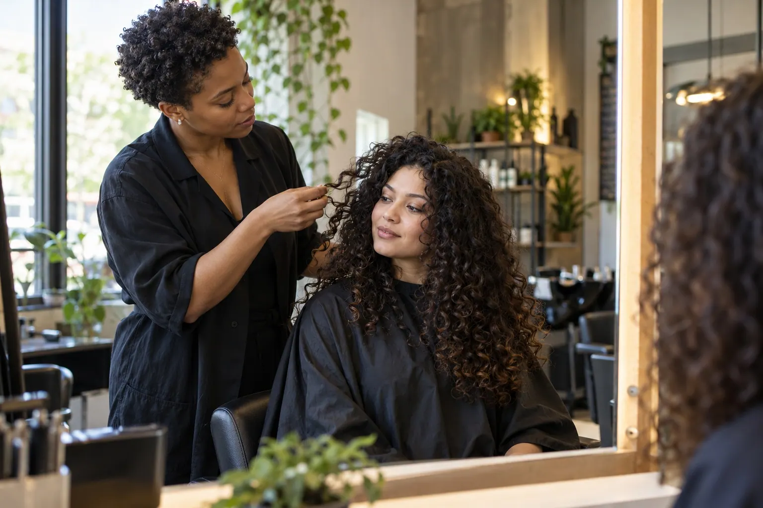 A hairstylist examines the shape of a client’s curls in a salon mirror after a styling appointment.