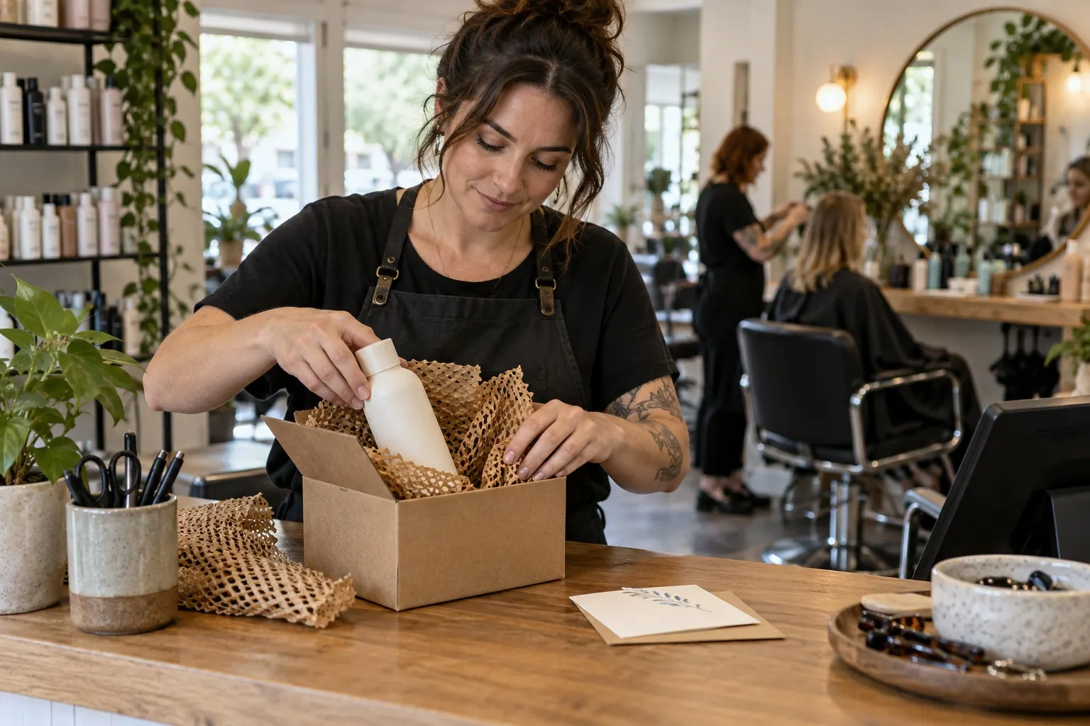 A salon owner carefully packs one hair-care order at the front counter while the working salon remains visible in the background.