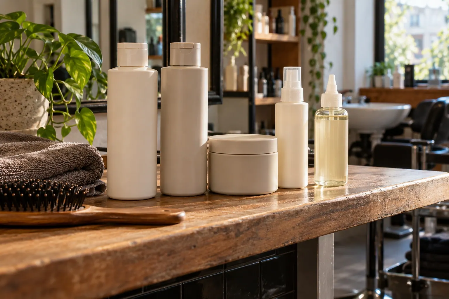 A small group of unbranded hair-care bottles sits on a practical salon shelf beside a towel and hairbrush.