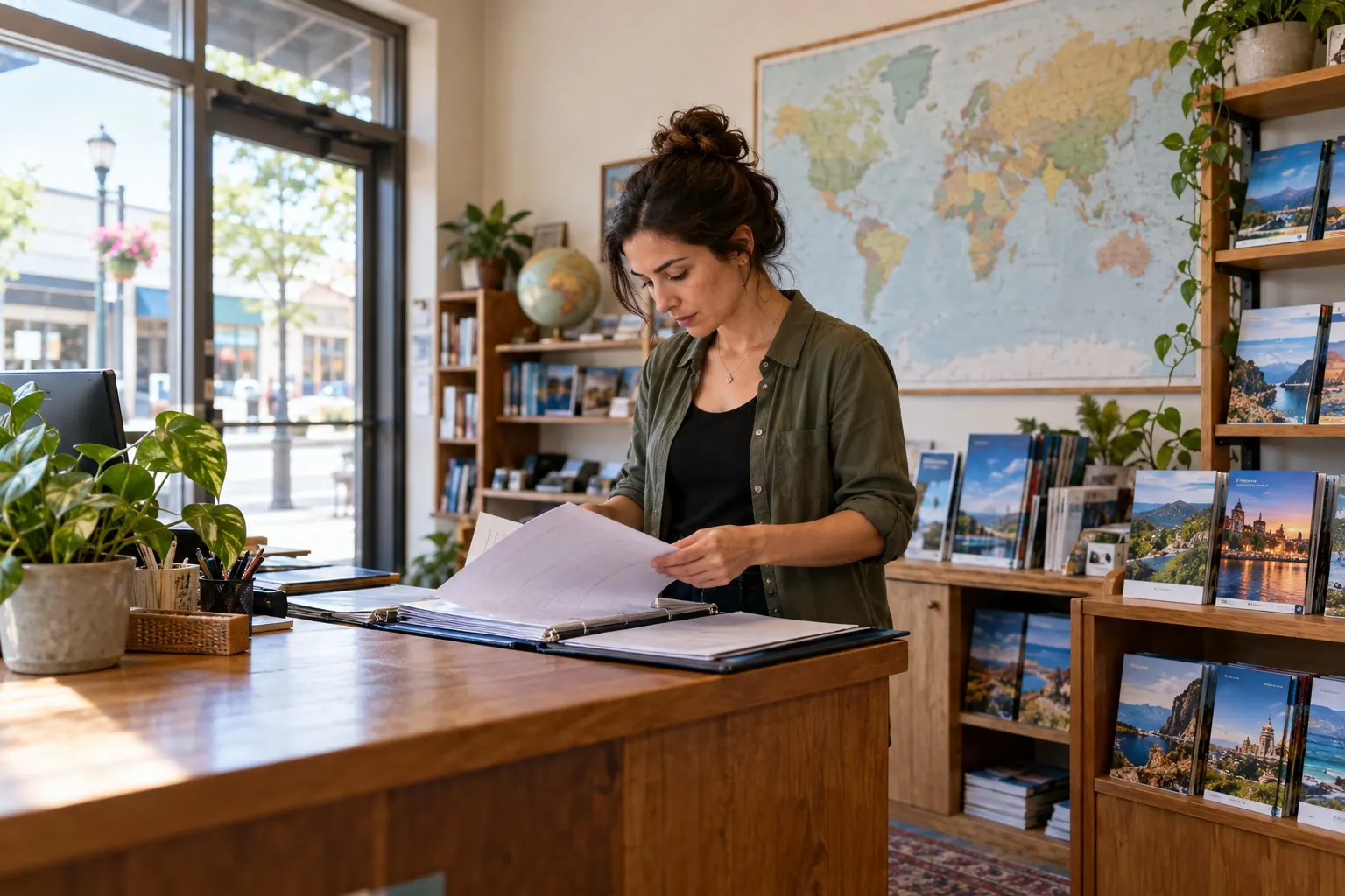 Founder reviews business setup documents and a travel-service plan at a desk.