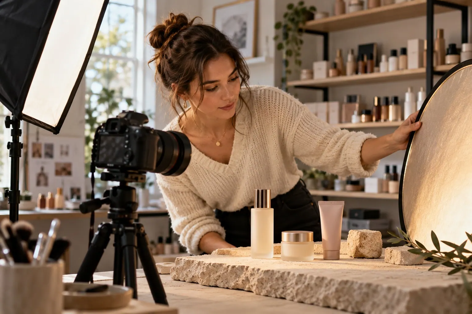A beauty creator photographs a small, selected cosmetics collection in a studio with a camera and soft lights.