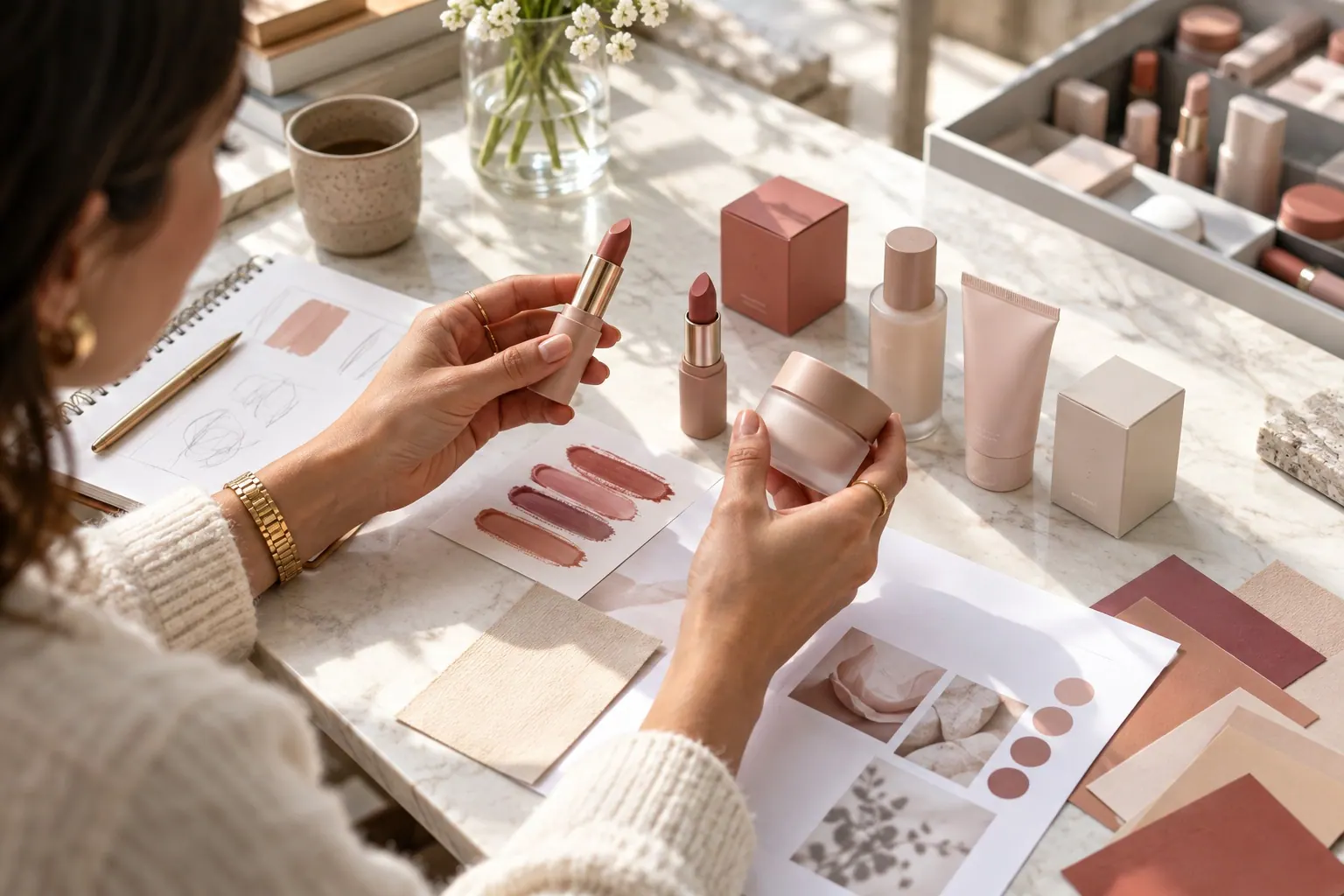 A cosmetics founder compares a few lipstick and skincare samples beside swatches and a product brief on a bright worktable.