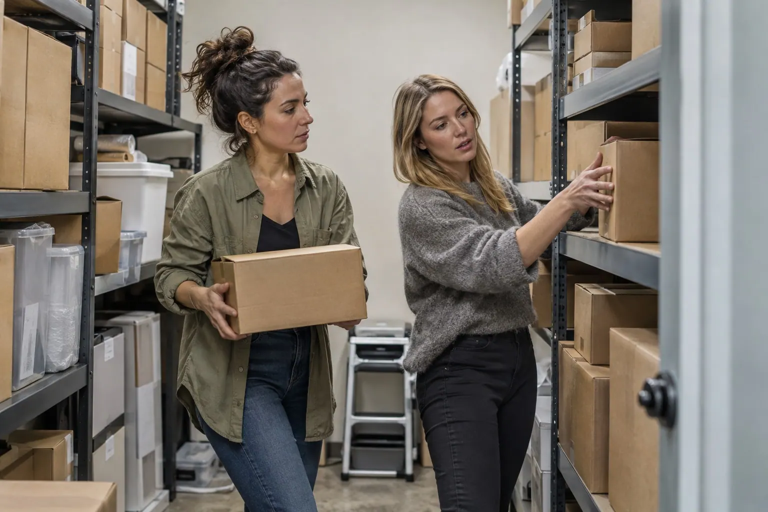 Two small-business owners compare cartons and product availability in a stockroom.