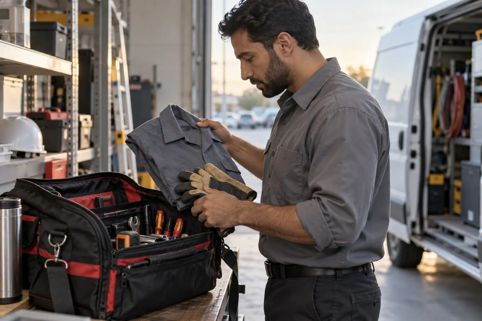 An HVAC technician checks gloves and tools in a service workshop before leaving for a job.