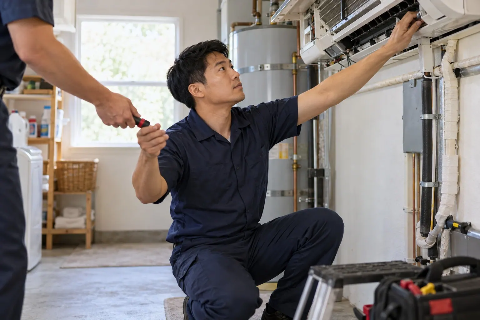An HVAC technician inspects an indoor air-conditioning unit while a colleague passes a tool.