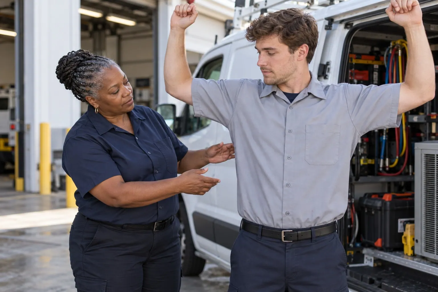A supervisor checks a technician’s work shirt fit and reach at a service depot.