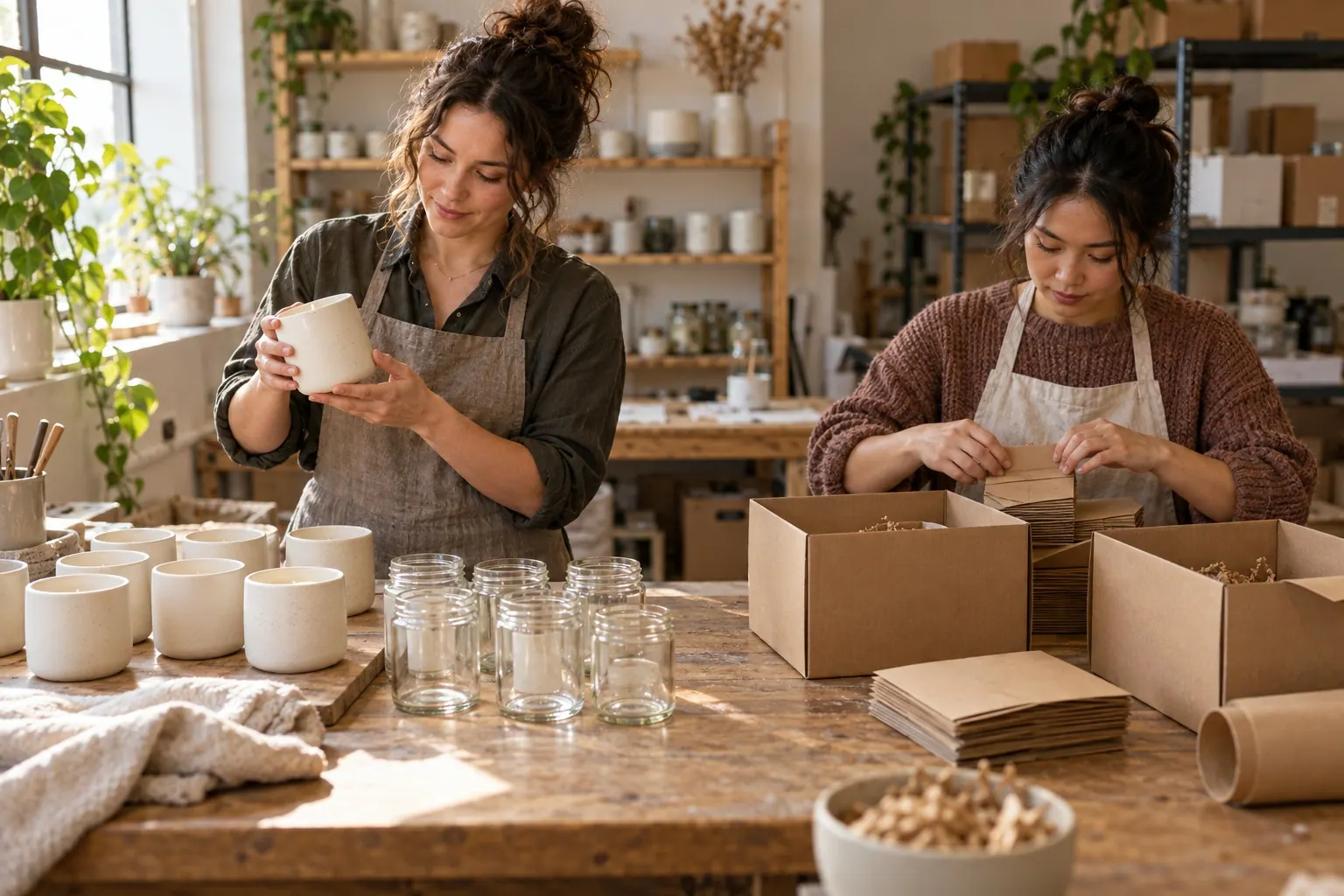 A creator inspects a small-batch product sample and its packaging before a planned launch.