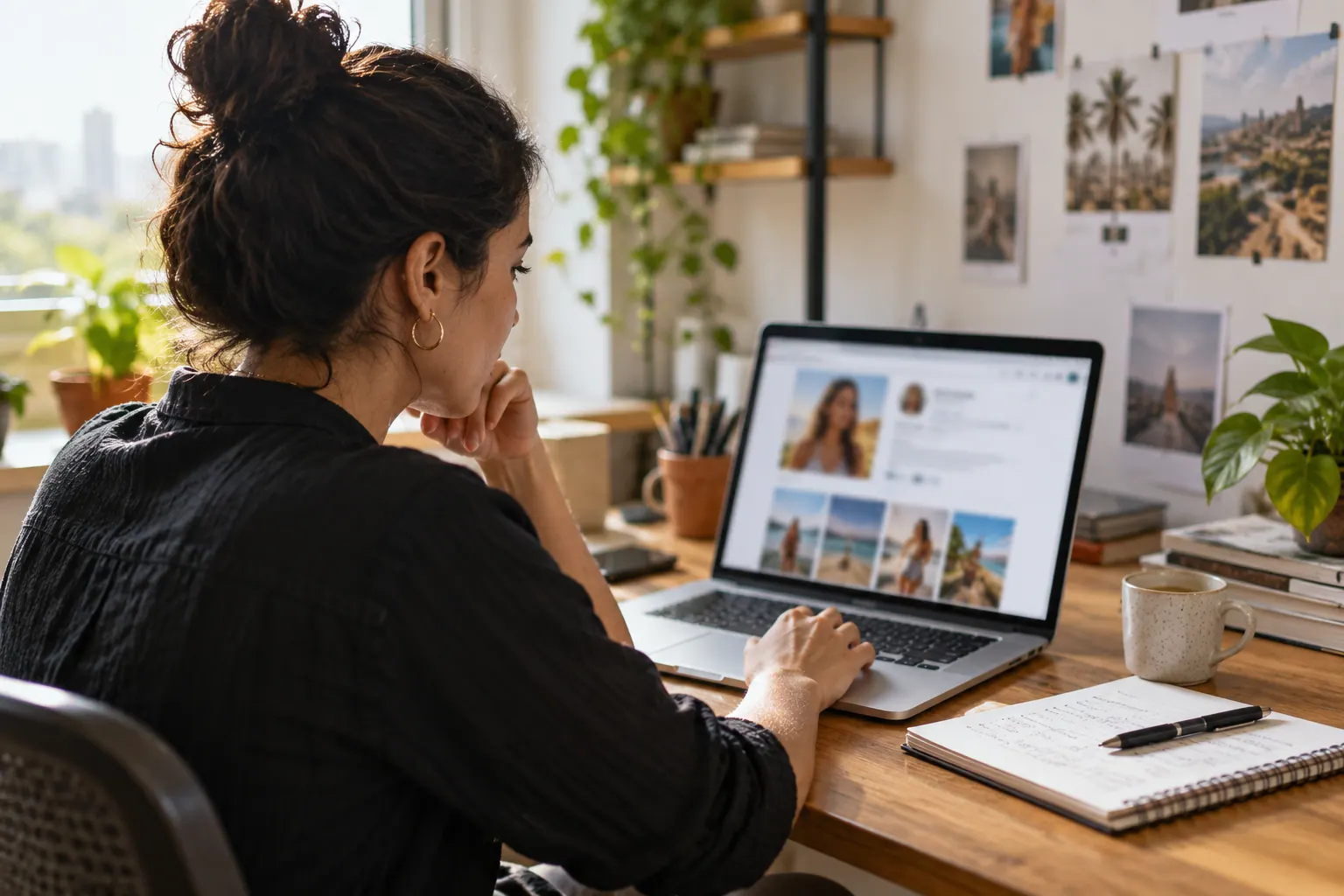 A marketing strategist reviews a creator’s public profile on a laptop in a bright studio.