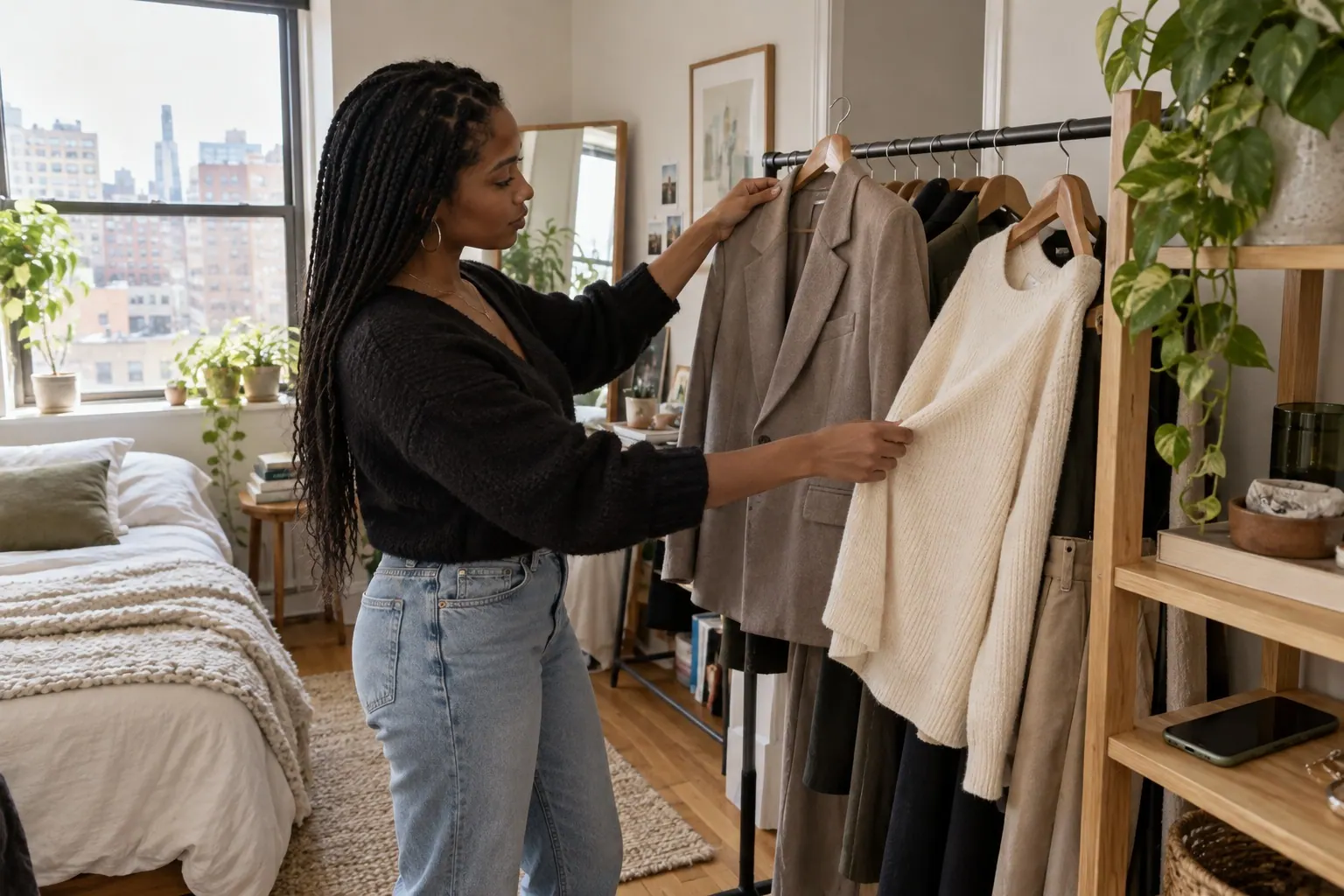 A creator reviews apparel samples on a clothing rail in a bright apartment studio.