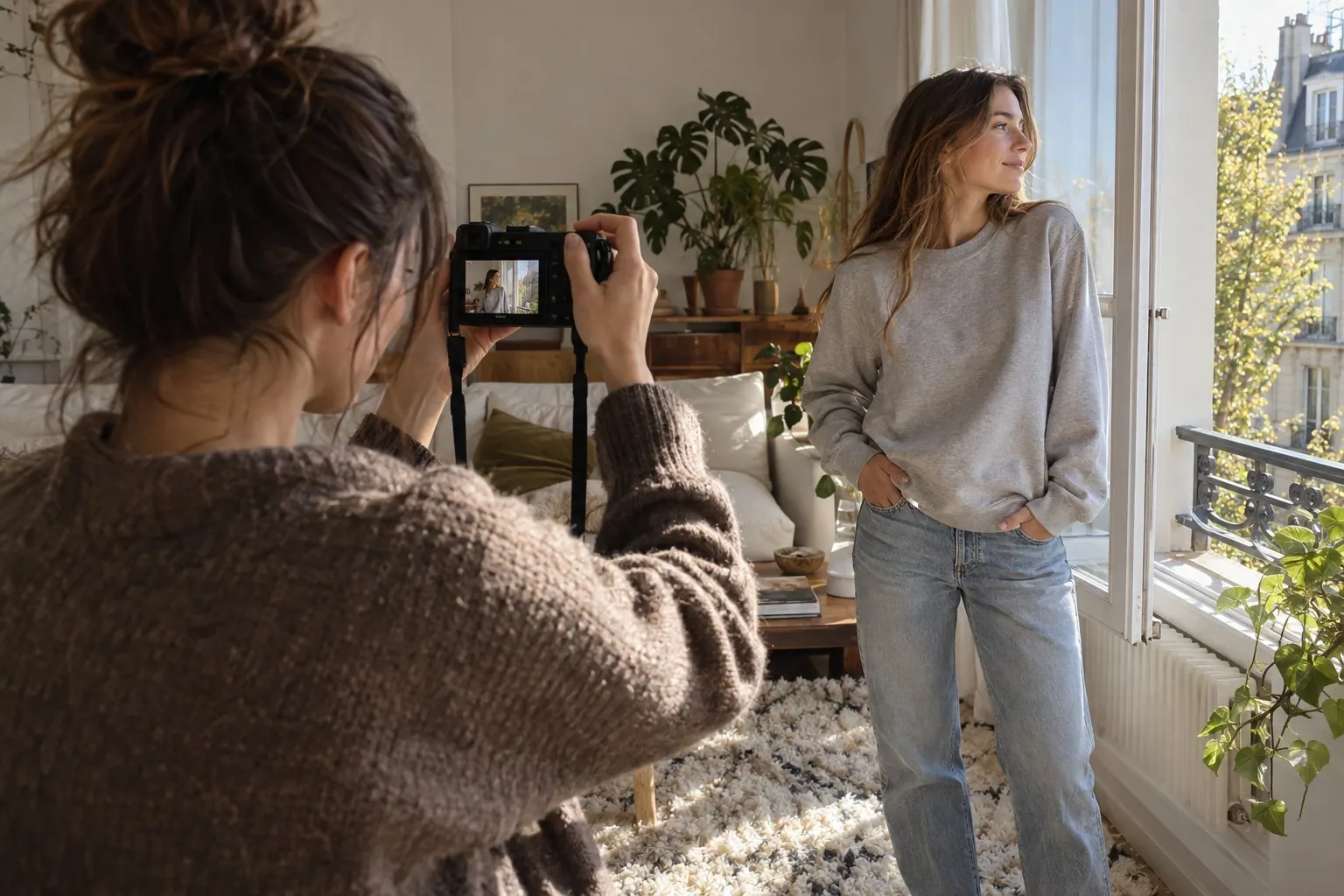 A photographer captures a friend wearing a plain sweatshirt beside a sunlit apartment window.