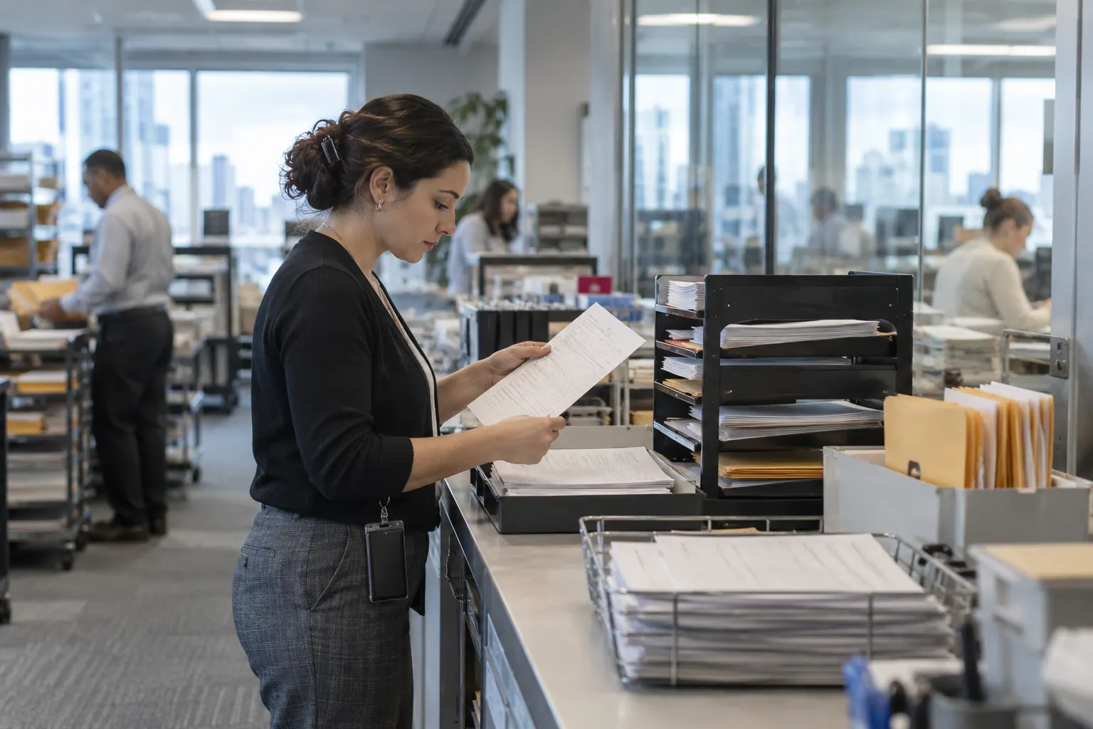 An accounts-payable employee reviews incoming paperwork at an office desk.