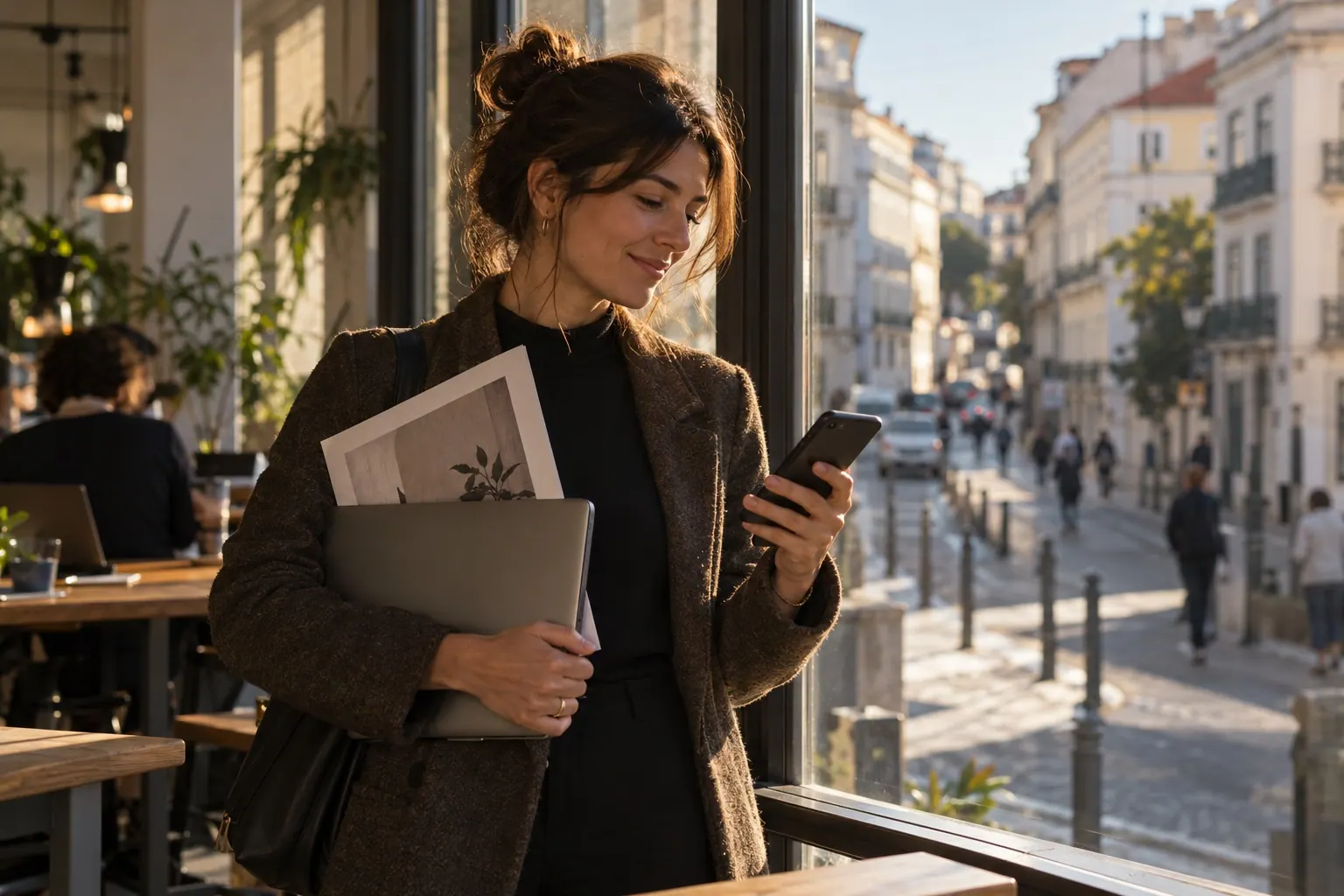 A freelancer checks a payment notification while walking through a city.