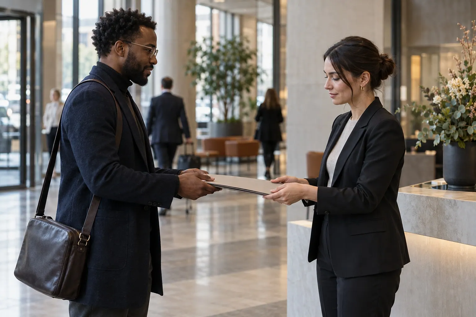A freelancer hands project documents to a company representative during onboarding.