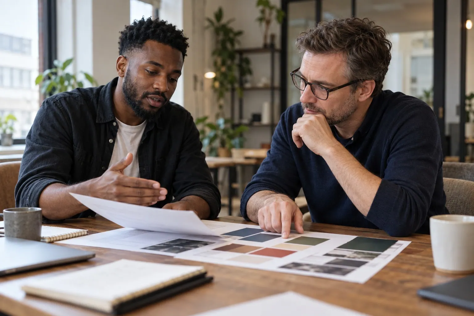 A designer and client discuss a written project scope and visual references.