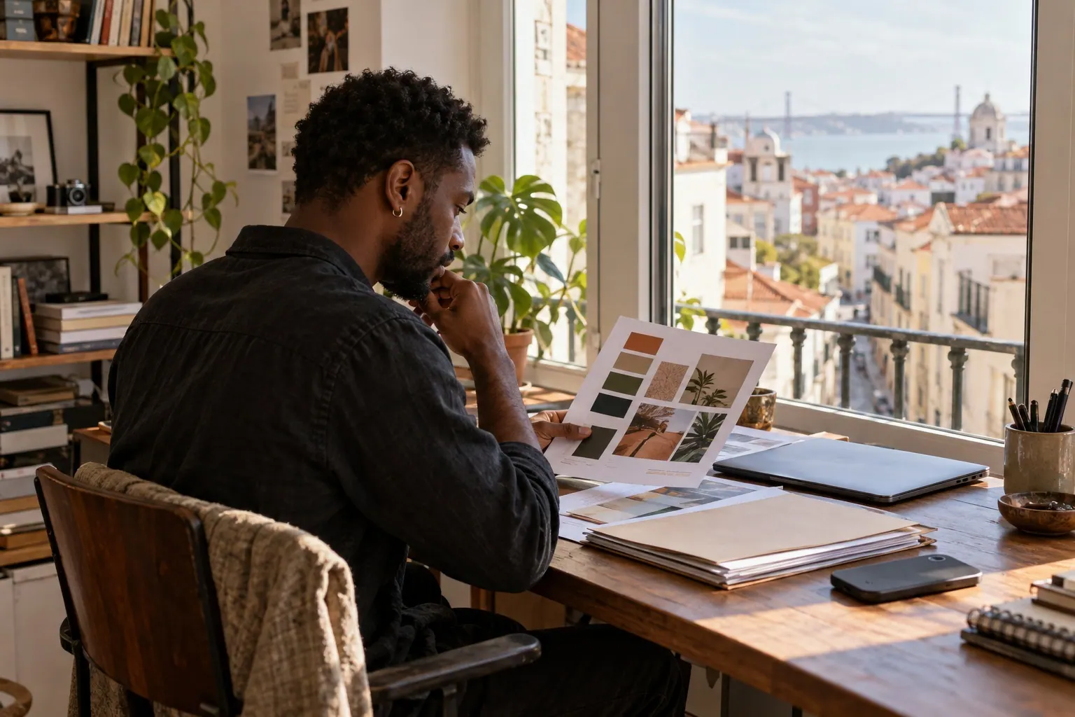 A freelance designer reviews brand materials at a desk overlooking a city.