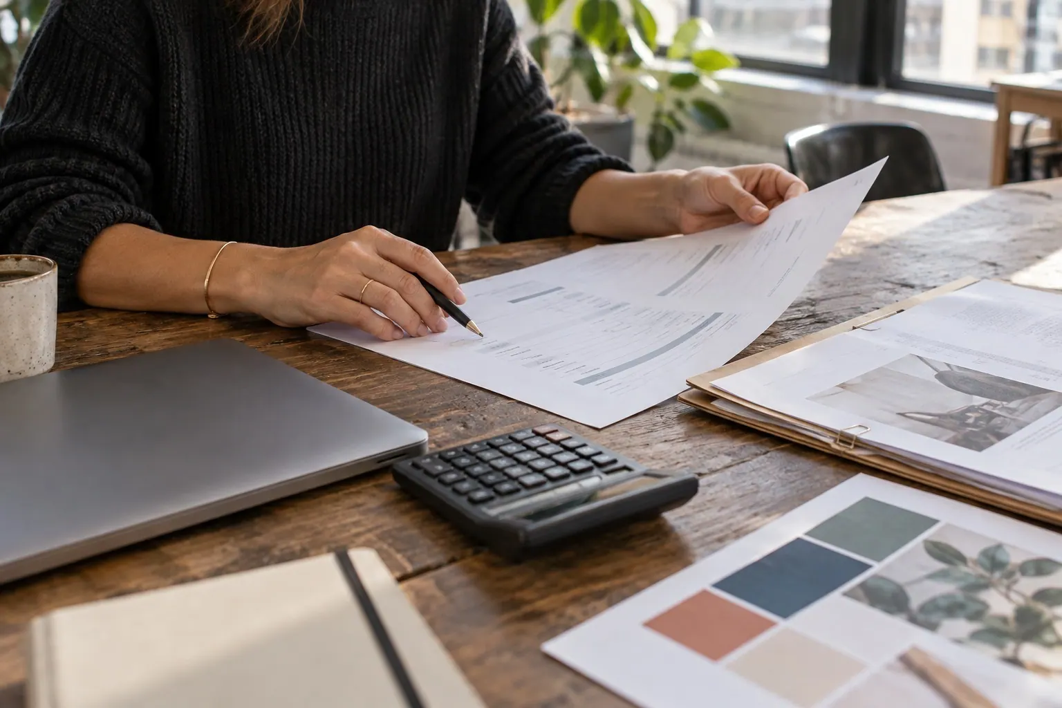 A hand writes on project paperwork beside a calculator and brand samples.