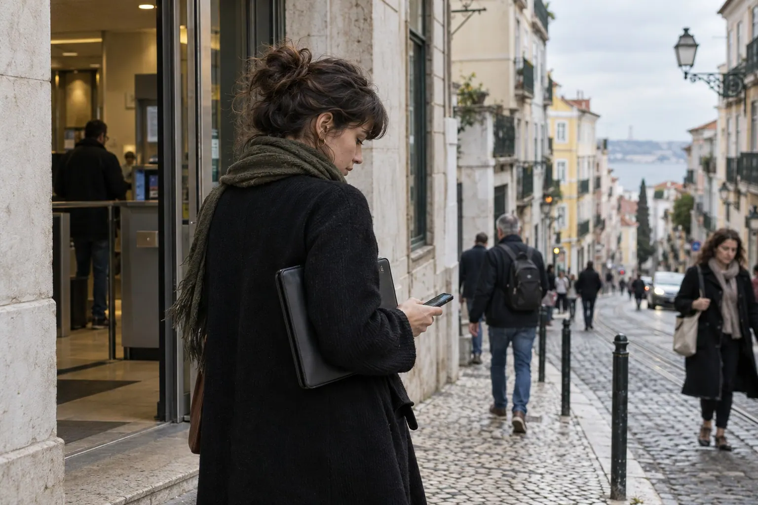 A professional checks a phone while carrying project papers on a city street.