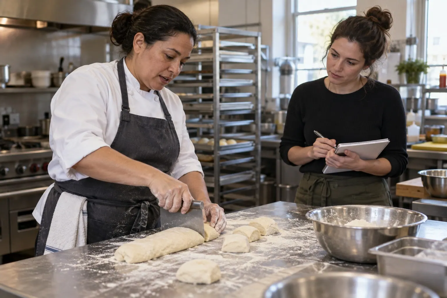 An experienced chef demonstrates a practical technique while an instructional designer listens.