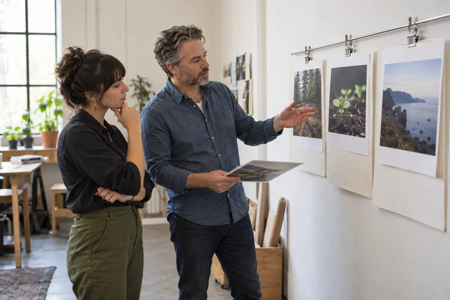 A subject-matter expert and curriculum designer compare sample lessons and work examples.