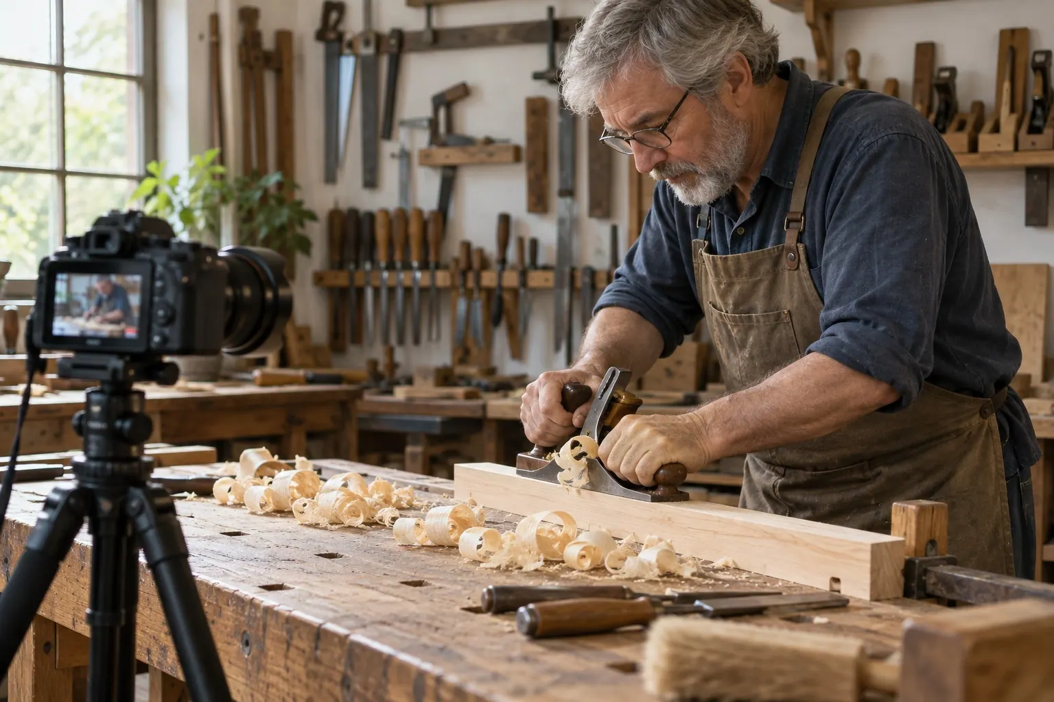 A woodworking expert records a short practical lesson in a working workshop.