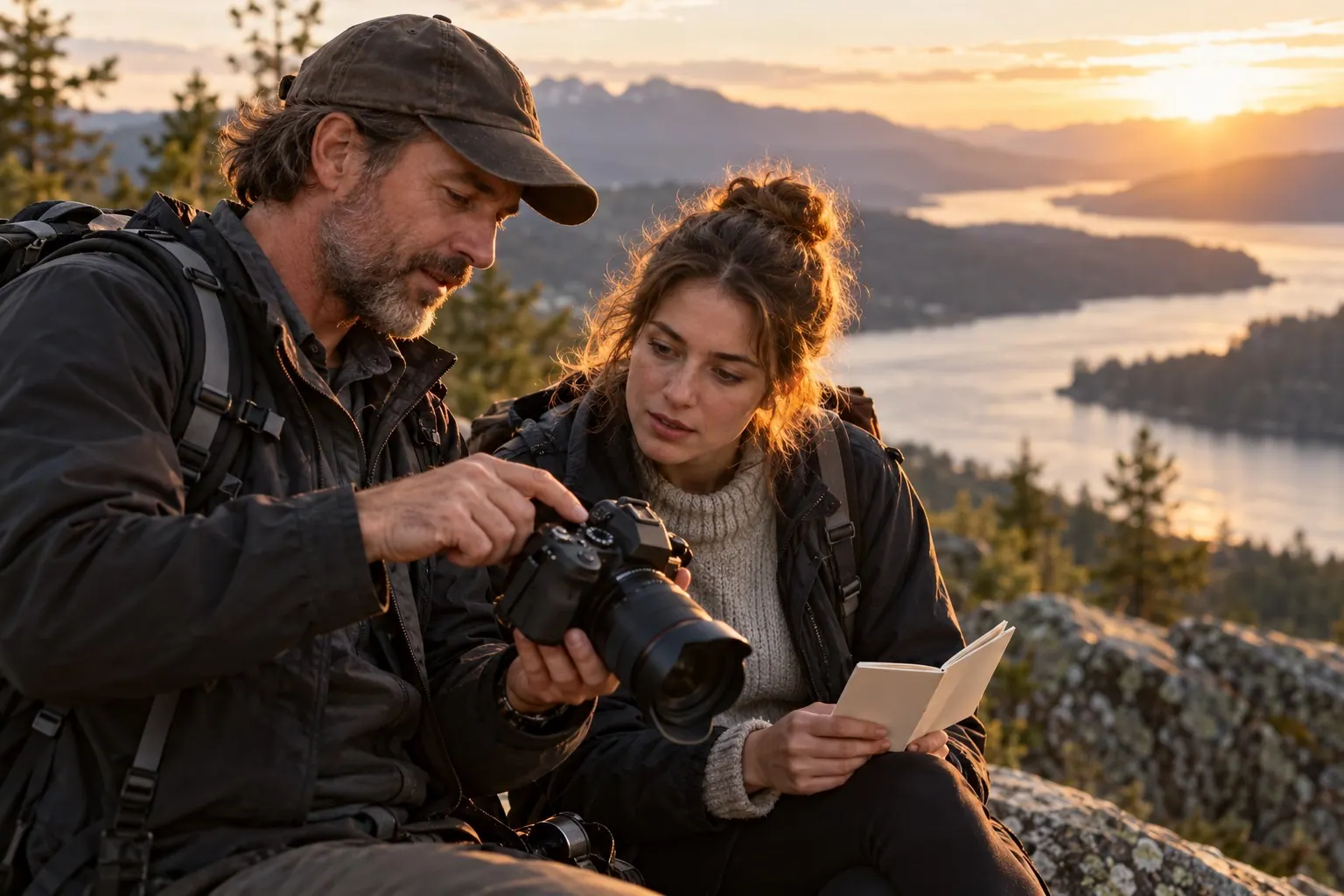 An experienced photographer points to a camera control while a younger photographer follows along and holds an open notebook.