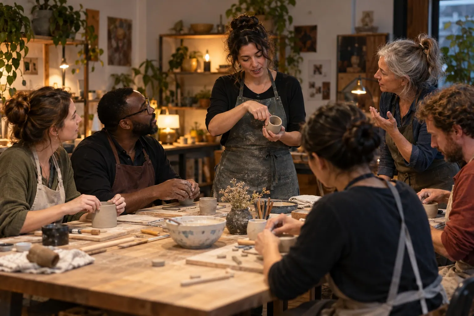 A pottery instructor demonstrates shaping a small ceramic cup while workshop participants watch and practice at a shared table.