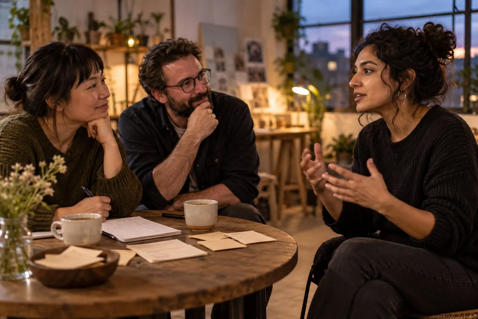 A woman explains a project idea across a café table while two listeners review handwritten notes and ask questions.
