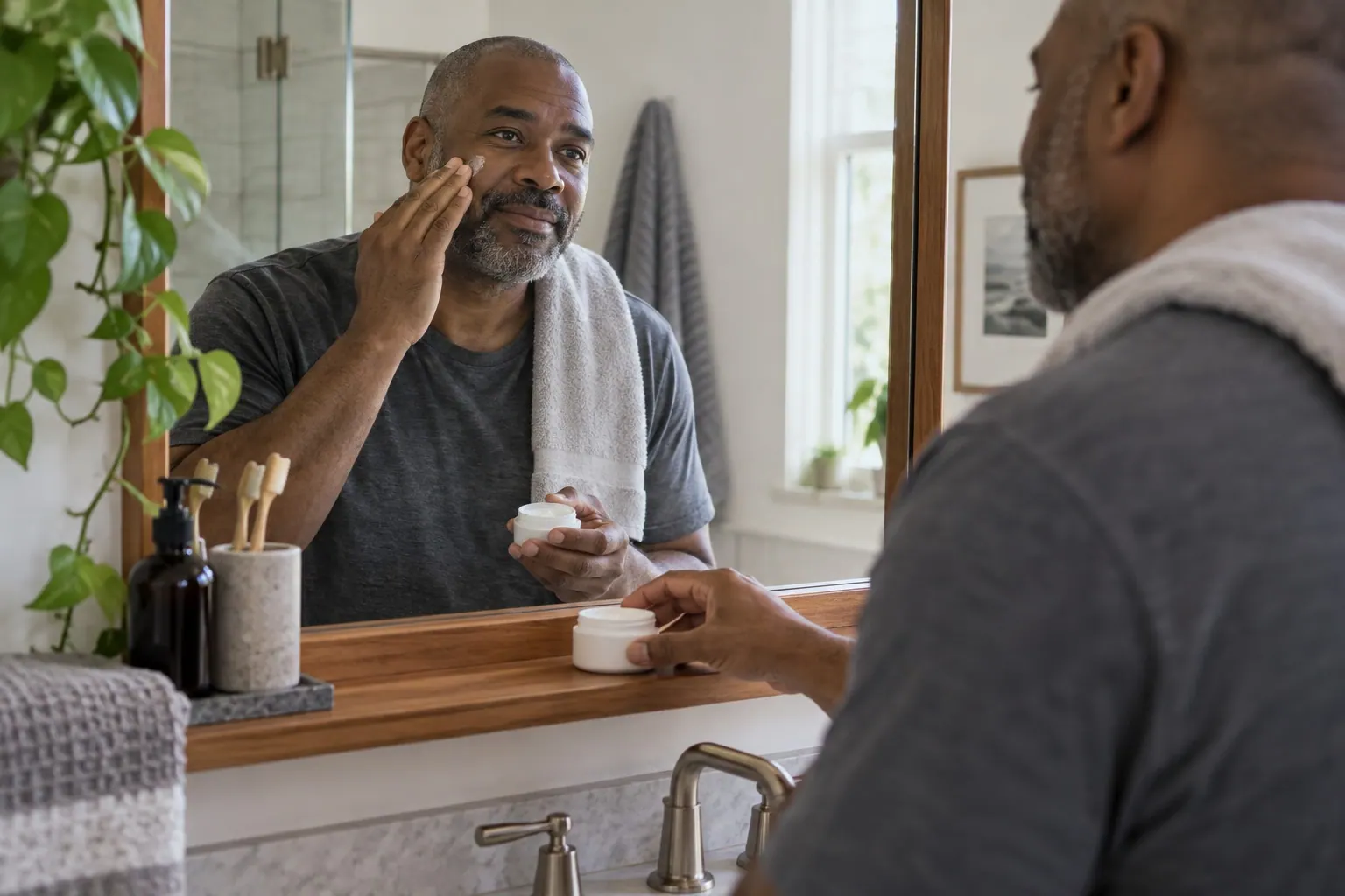 An adult follows a simple skincare routine at a bathroom mirror.