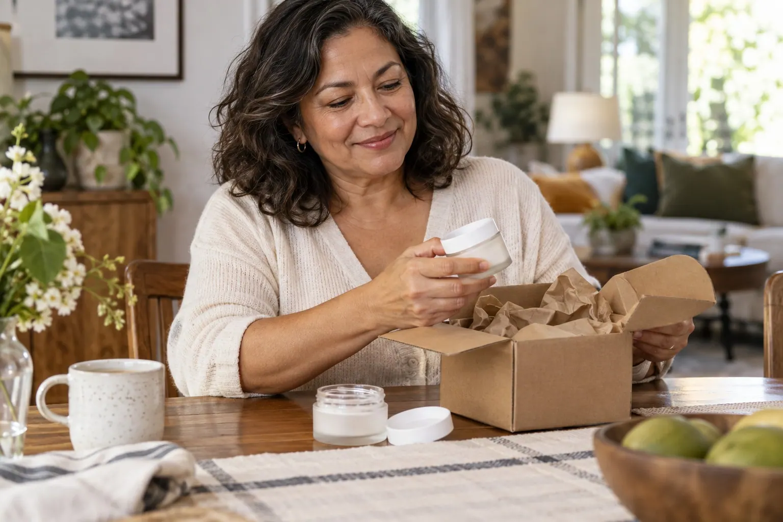 A customer opens a delivered package containing a familiar skincare product at home.