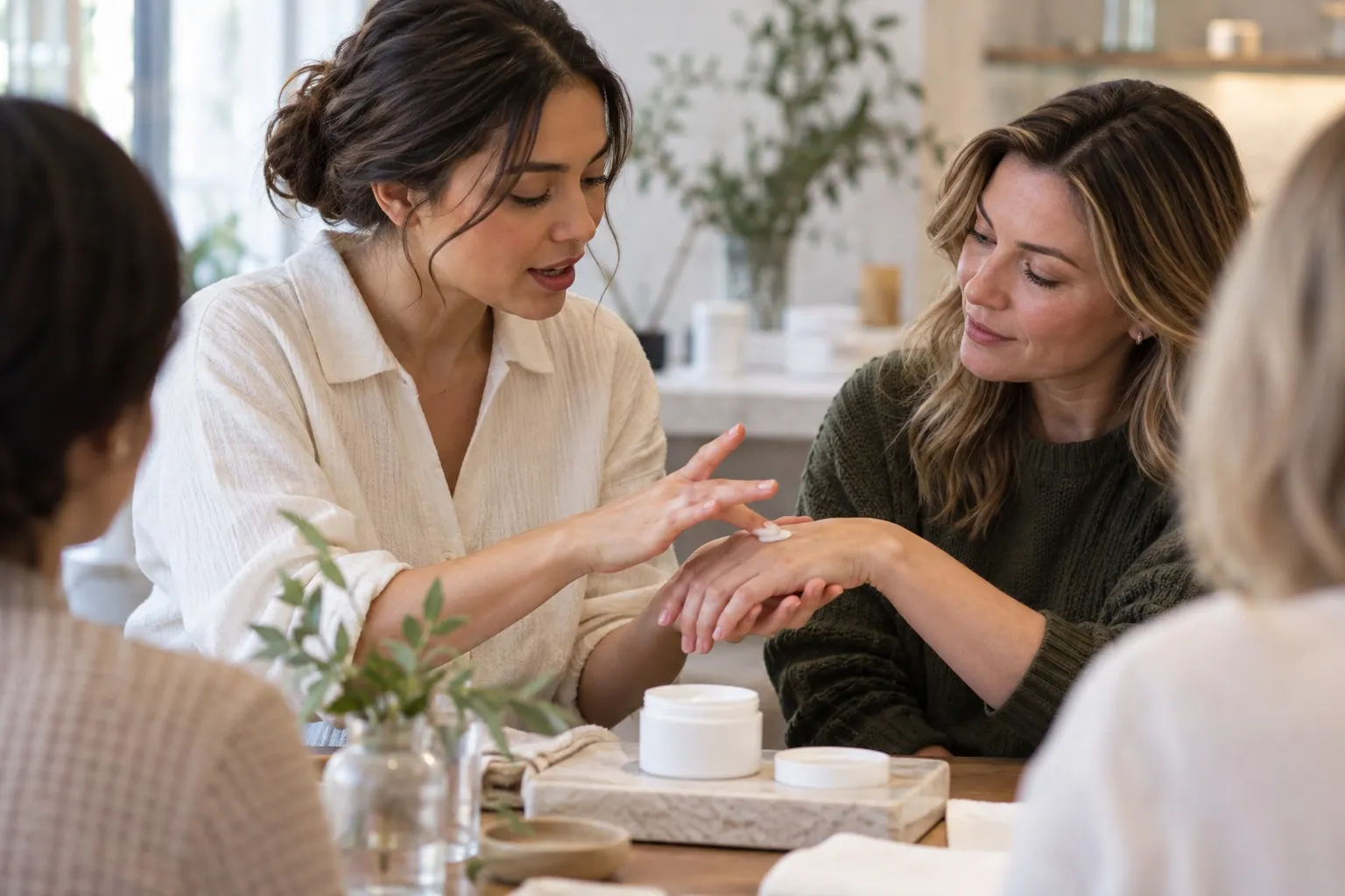 Two adults discuss a skincare product during a small product education session.