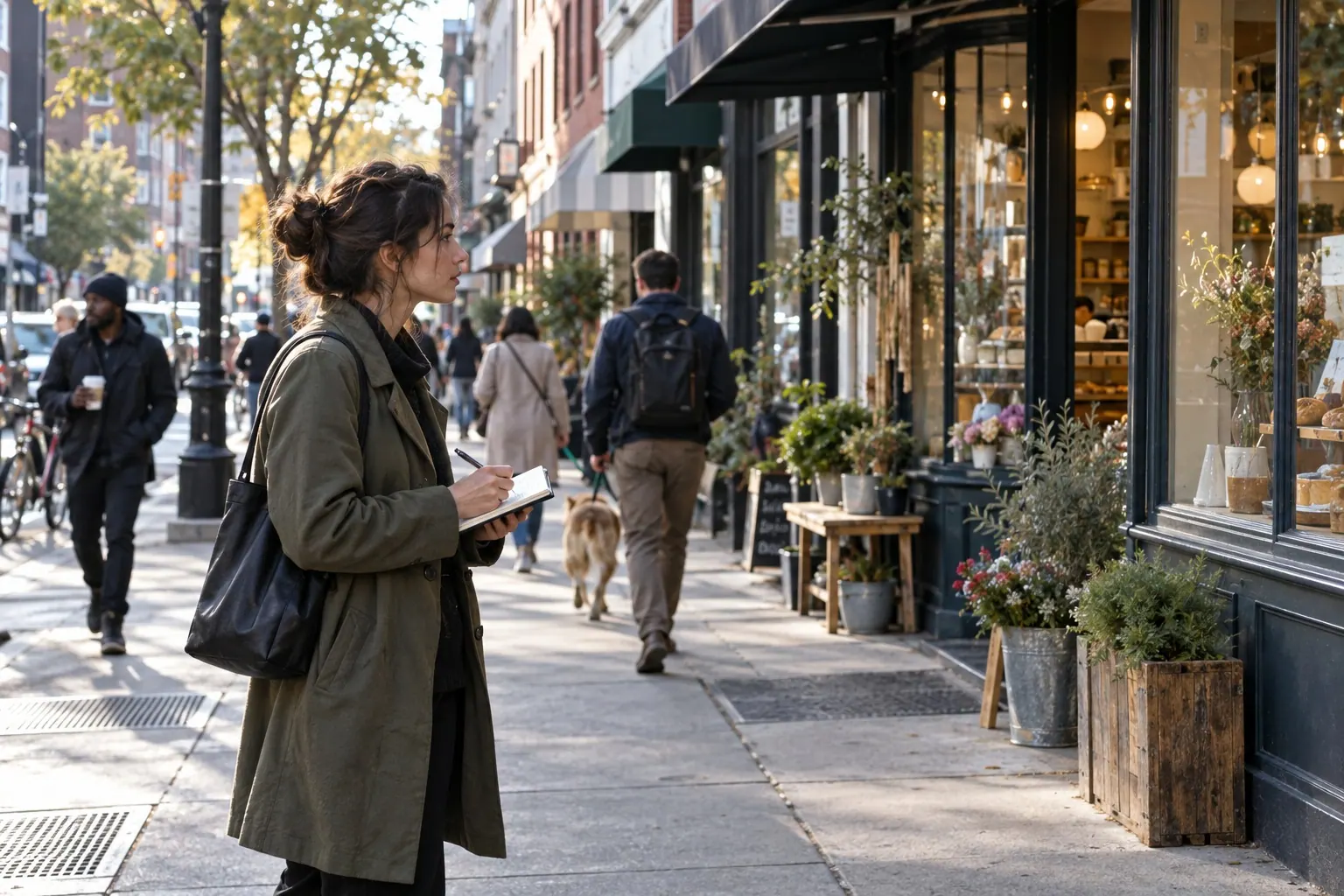 A freelance researcher observes neighborhood storefronts and writes notes while walking along a mixed-use commercial street.