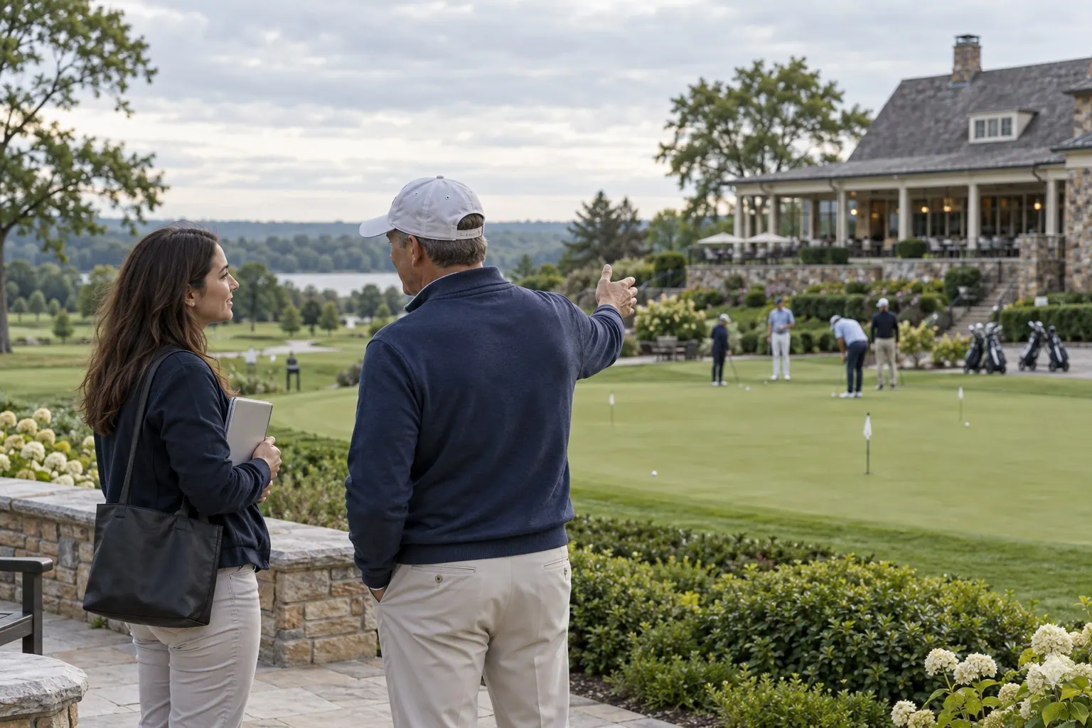 A freelance researcher talks with a golf club member beside the practice green about apparel and member services.