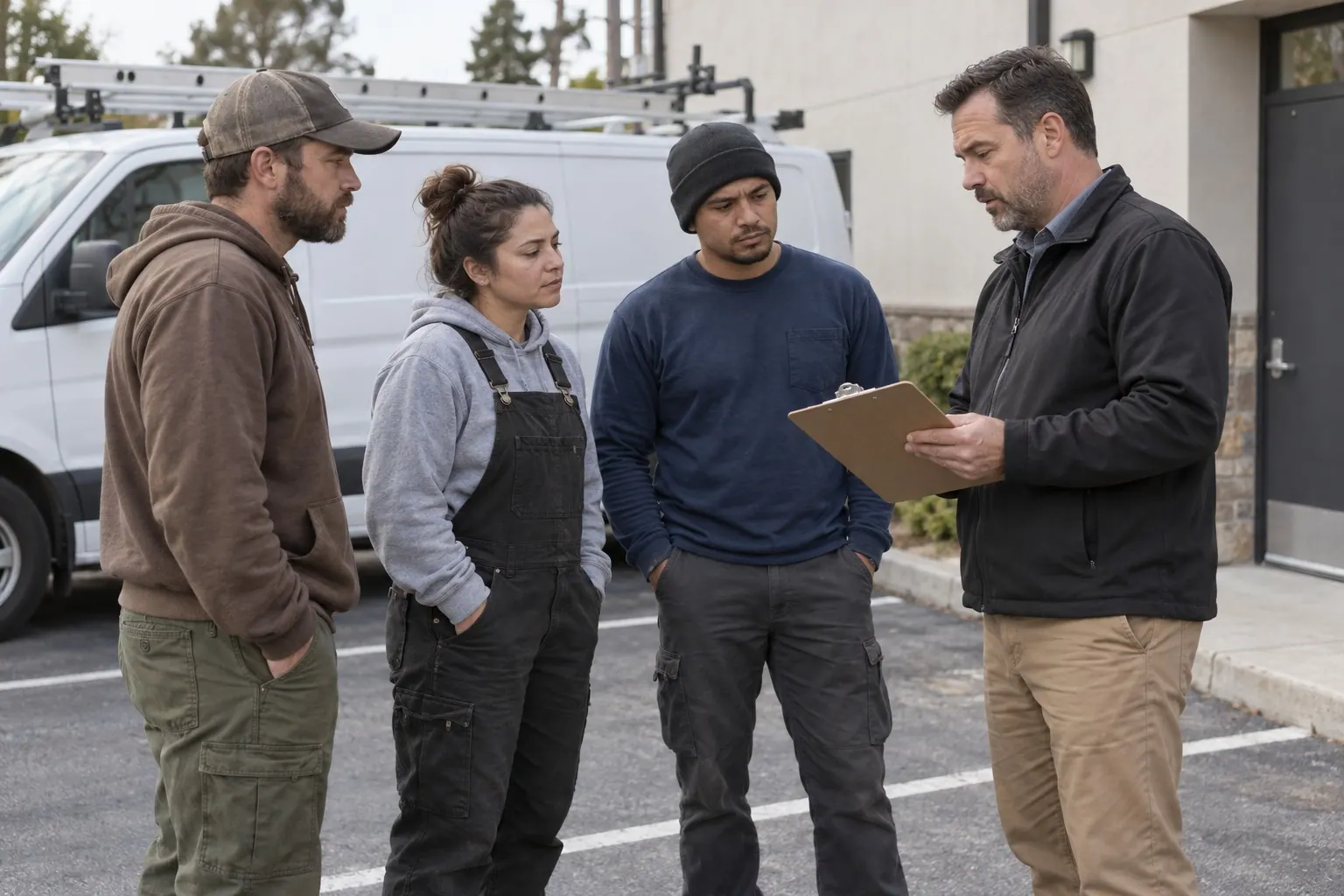 A manager reviews workwear options with field technicians near a service vehicle.