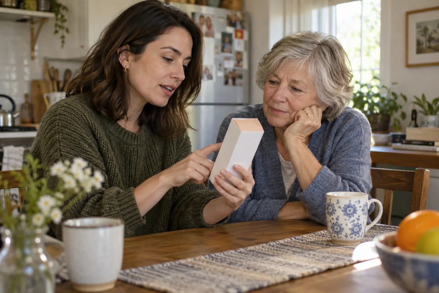 An adult daughter and her older mother review a plain-language skincare instruction card together at a kitchen table.