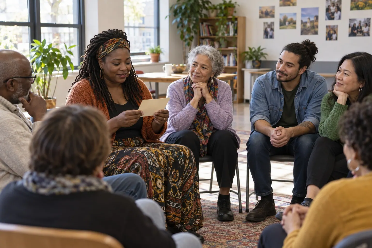 A local facilitator reads a short product-information card aloud as adults in a community room discuss which words are clear.