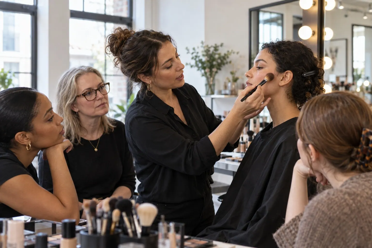 A makeup artist demonstrates a brush technique to a small class in a bright beauty studio.
