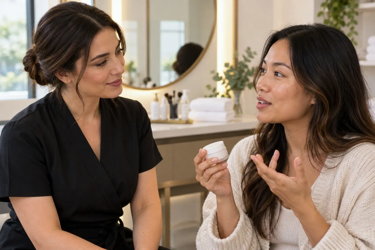A makeup artist listens to a client describe her experience while they examine a plain cosmetic jar.