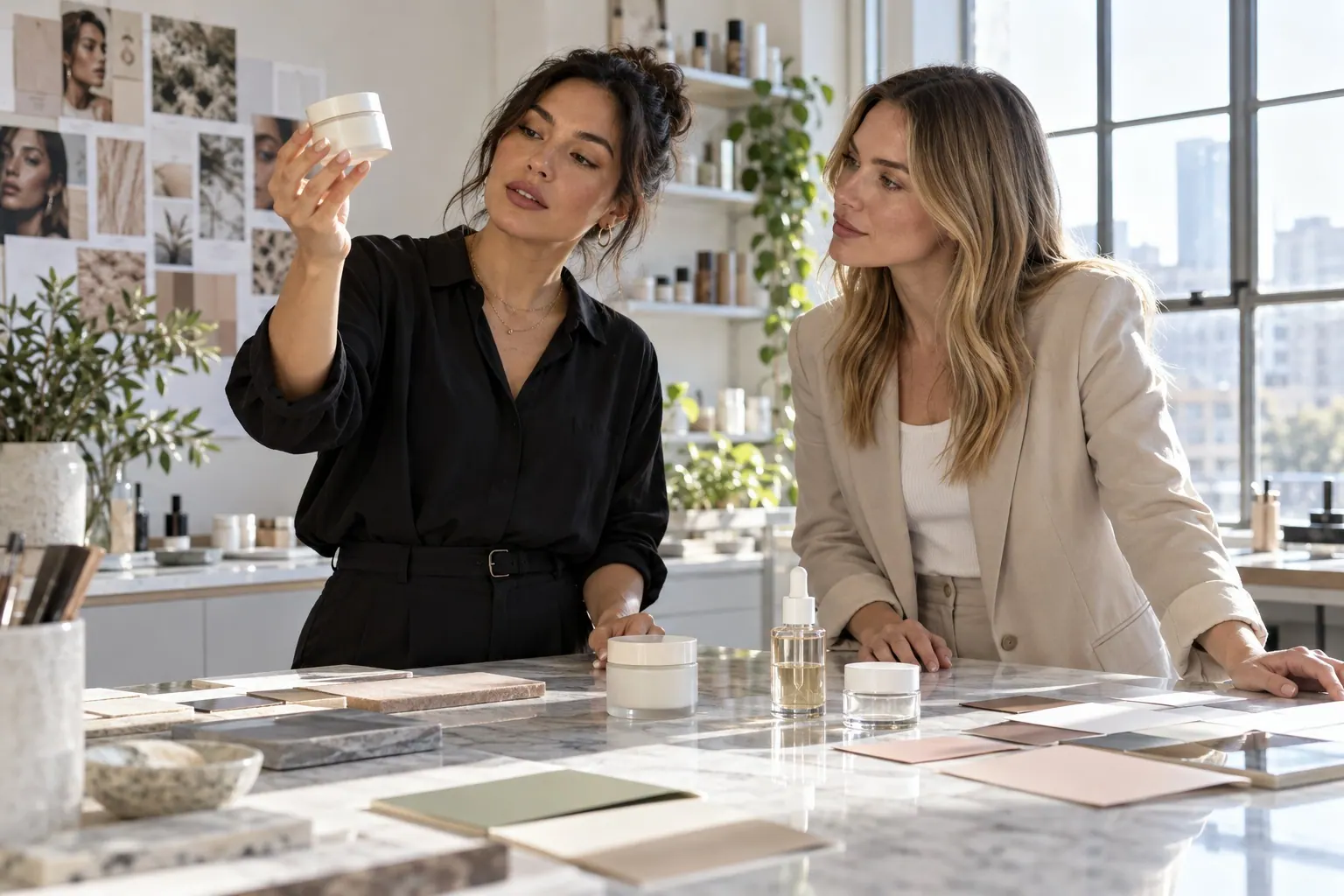A makeup artist and packaging designer compare plain cosmetic containers, material samples, and color swatches at a worktable.