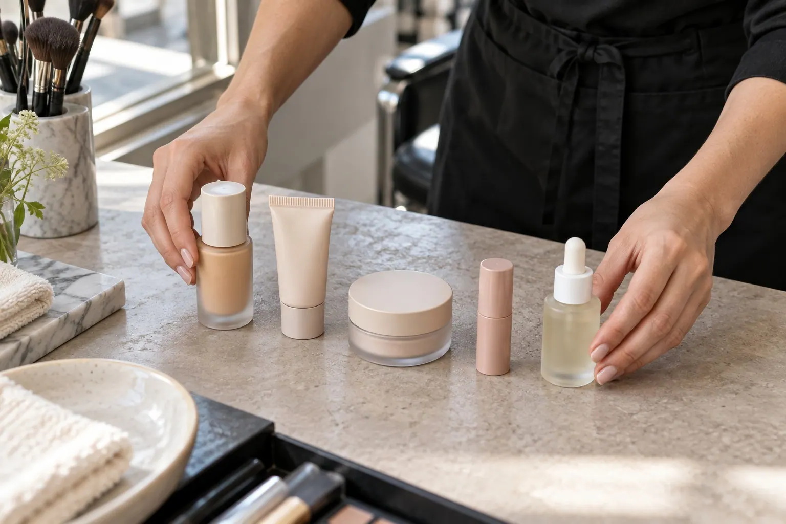 A makeup artist arranges several unbranded cosmetic samples on a clean work surface.