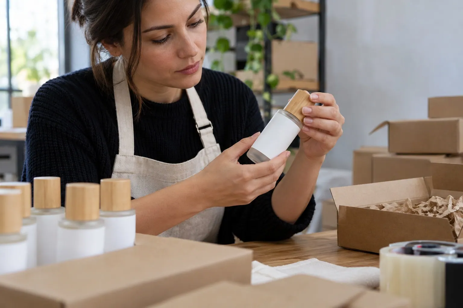A small beauty-business owner inspects a cosmetic bottle and label before packing a sample order.