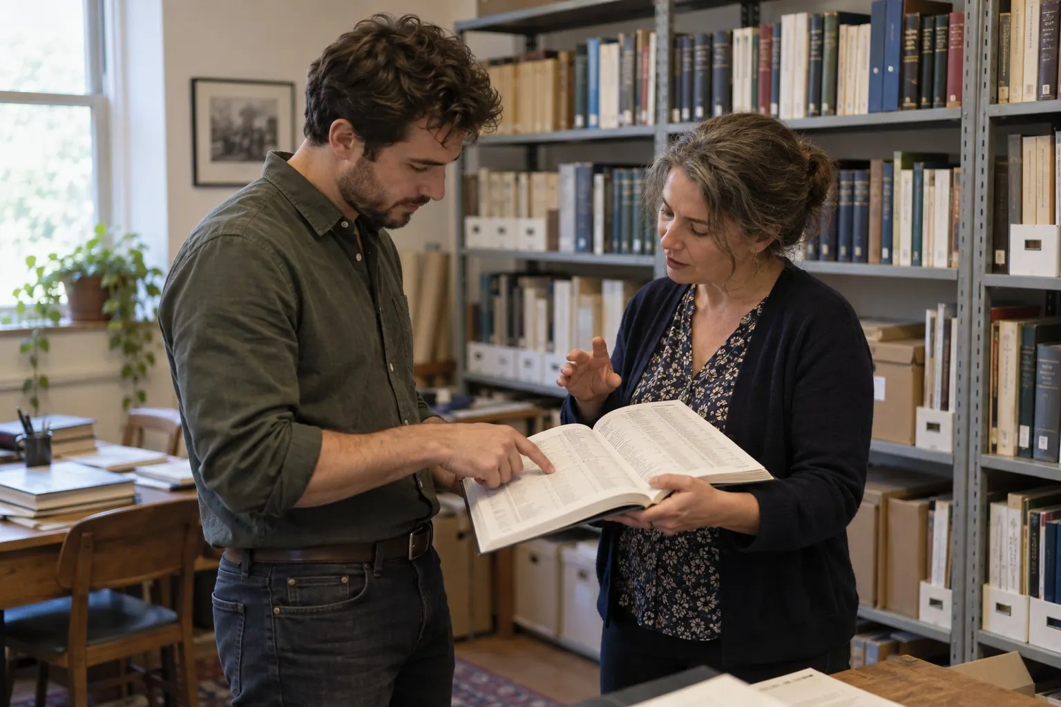 A researcher and an association representative review a printed member directory at a library table.