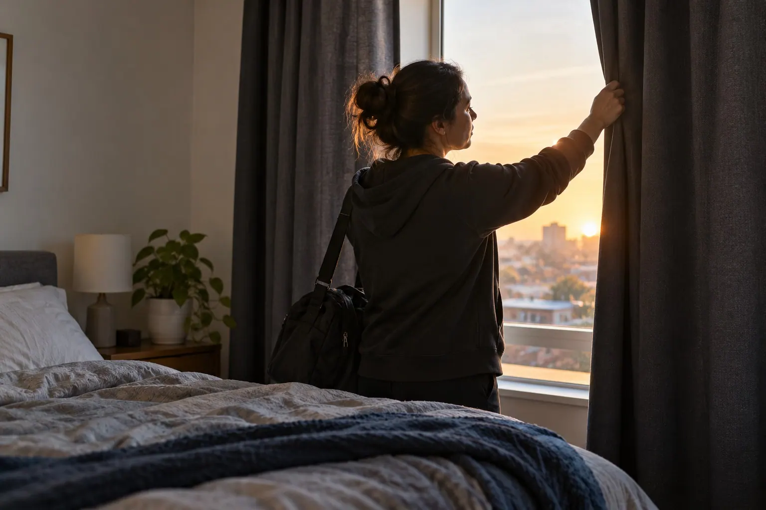 A night-shift worker draws curtains at home at dawn and prepares a quiet room for daytime rest.