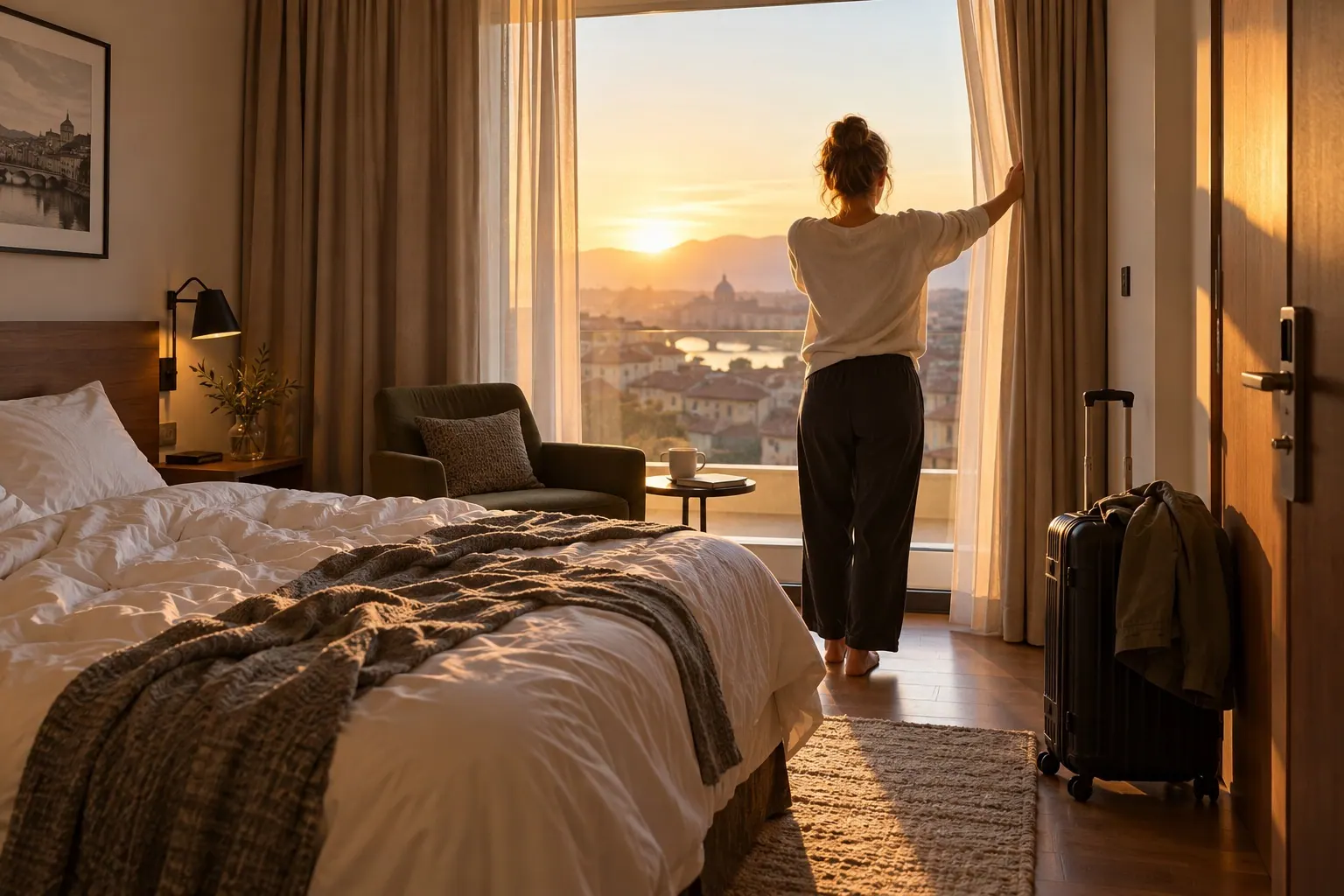 A traveler opens hotel curtains at sunrise after a long journey, with luggage nearby.